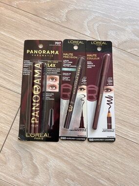 L’Oréal Burgundy Panorama Mascara, Liquid Liner, Kohl Pencil Eyeliner Bundle